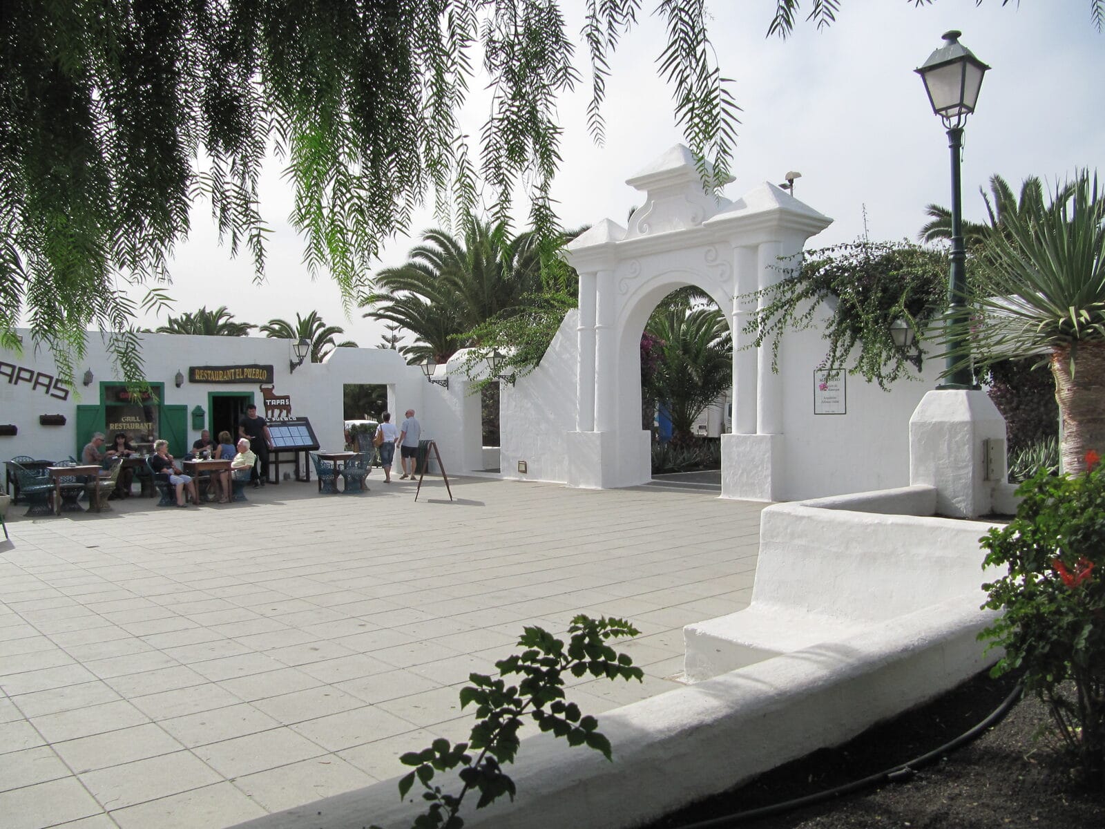 Pueblo Marinero square in Costa Teguise, the white-walled plaza designed by César Manrique
