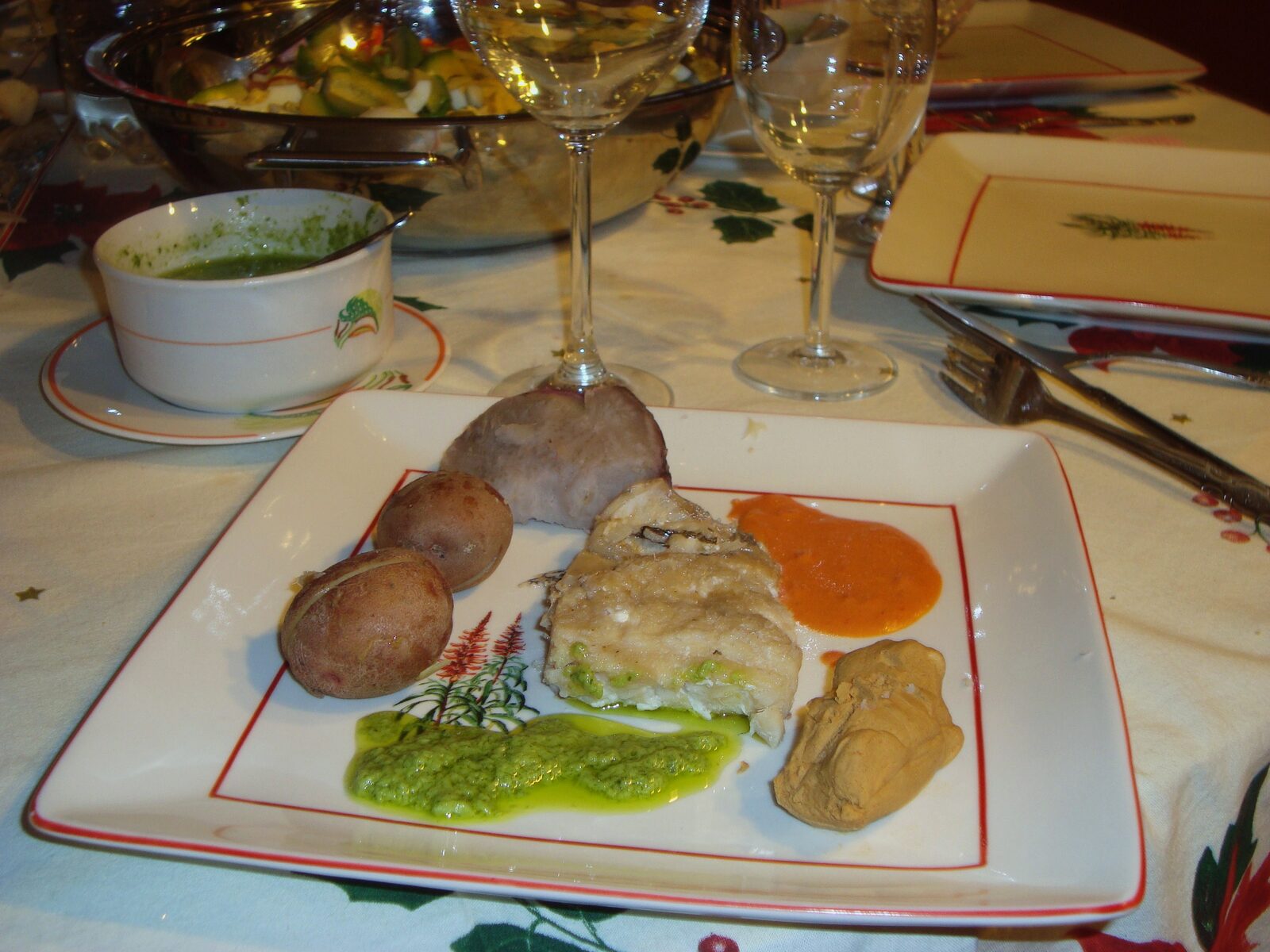 Sancocho canario, salted cherne fish served with boiled potatoes, sweet potato and mojo, the Canarian Good Friday dish from Lanzarote